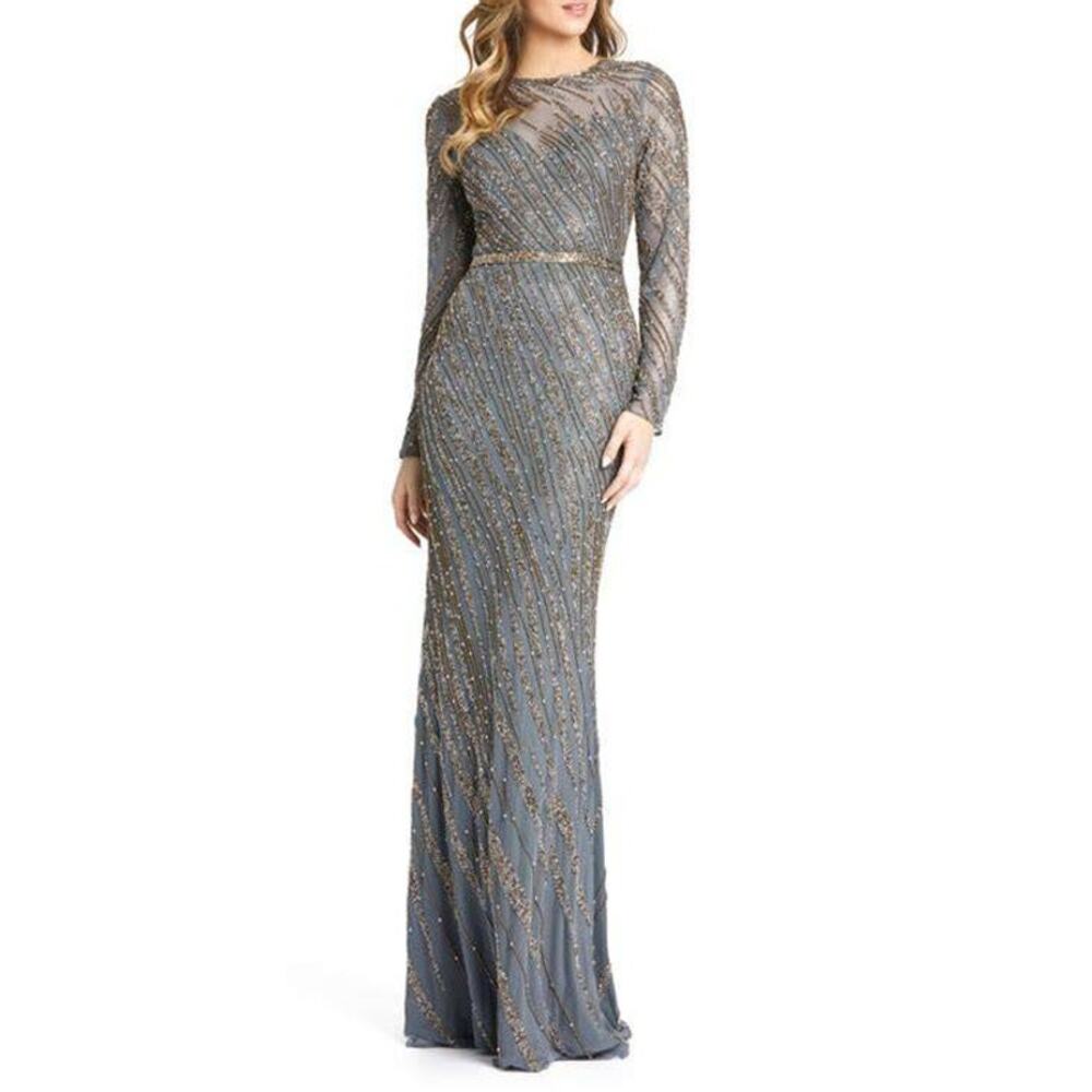 Beaded High Neck Dress with Mermaid Skirt by Mac Duggal  Size 6 - Platinum color